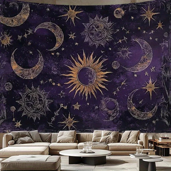 Celestial moon stars tapestry dark cottagecore wall hanging