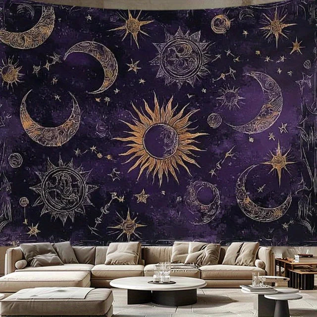 Celestial moon stars tapestry dark cottagecore wall hanging